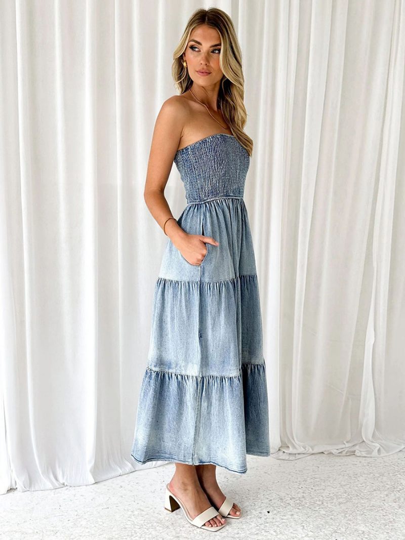 Robe Tube Bleu Ciel Clair Pour Femmes Smockée Fente À Plusieurs Niveaux Robes D'été Décontractées - Bleu Ciel Clair