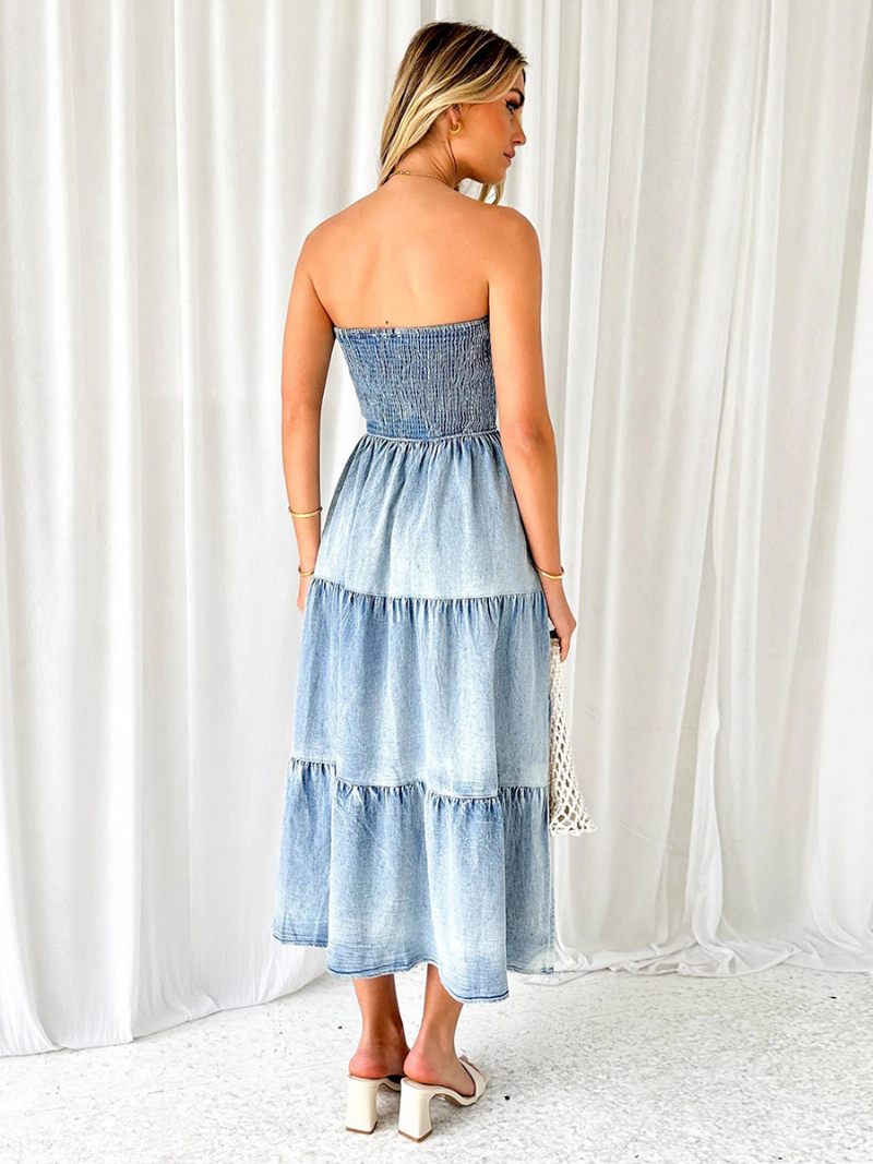 Robe Tube Bleu Ciel Clair Pour Femmes Smockée Fente À Plusieurs Niveaux Robes D'été Décontractées - Bleu Ciel Clair