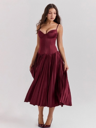Robes Soirée Pour Femmes Bretelles Bordeaux Col Plissé Sans Manches Robe Semi-formelle
