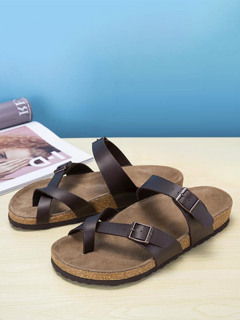 Sandales Pour Hommes À Enfiler Avec Sangle Réglable Et Boucle Plates - Café Marron