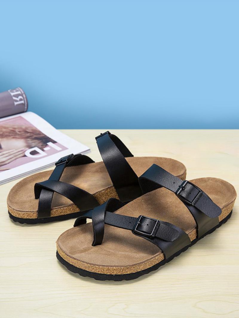 Sandales Pour Hommes À Enfiler Avec Sangle Réglable Et Boucle Plates - Noir