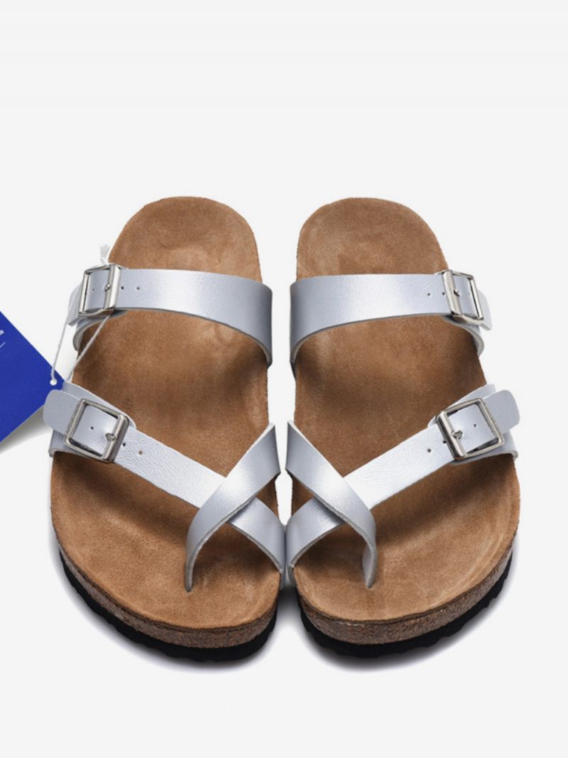 Sandales Pour Hommes À Enfiler Avec Sangle Réglable Et Boucle Plates - Argent