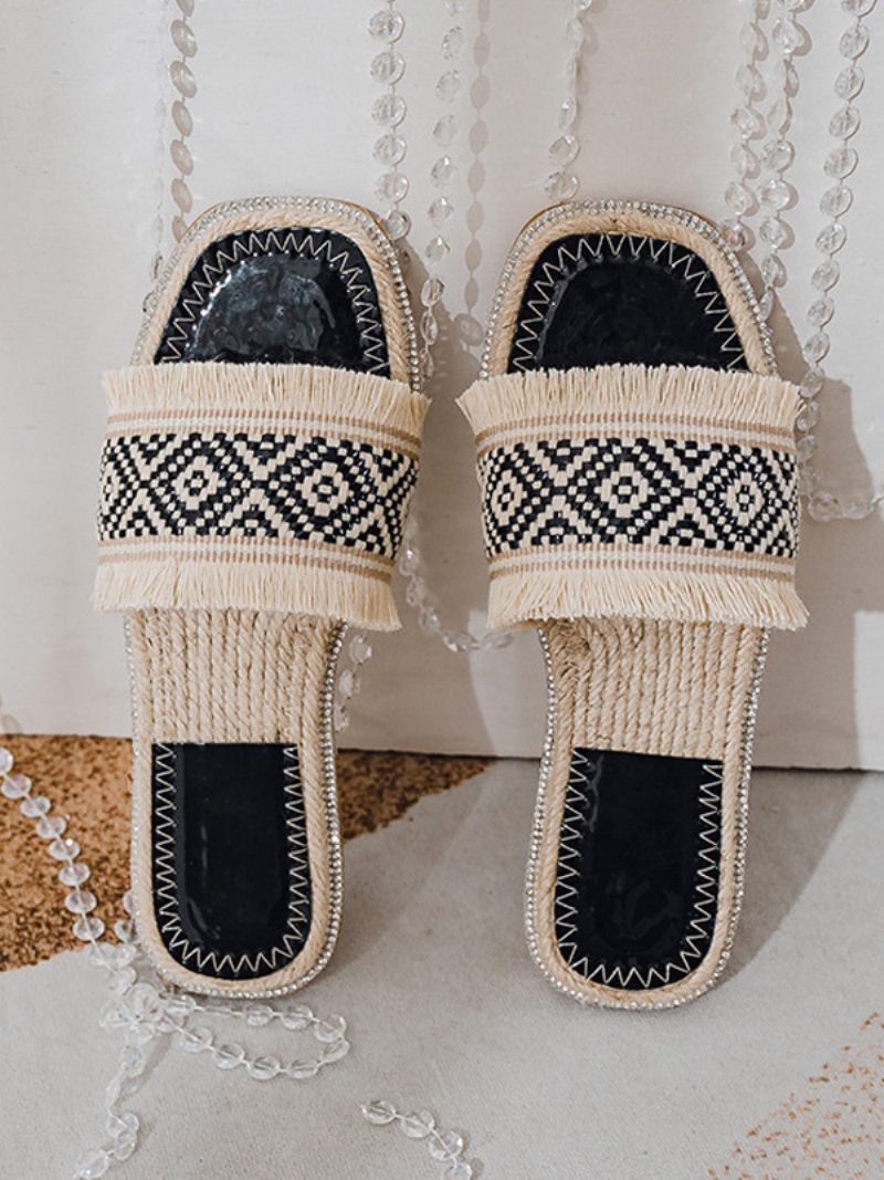 Boho Slide Sandales Femmes Chic Fringe Bout Ouvert Sandale Pantoufles - Noir