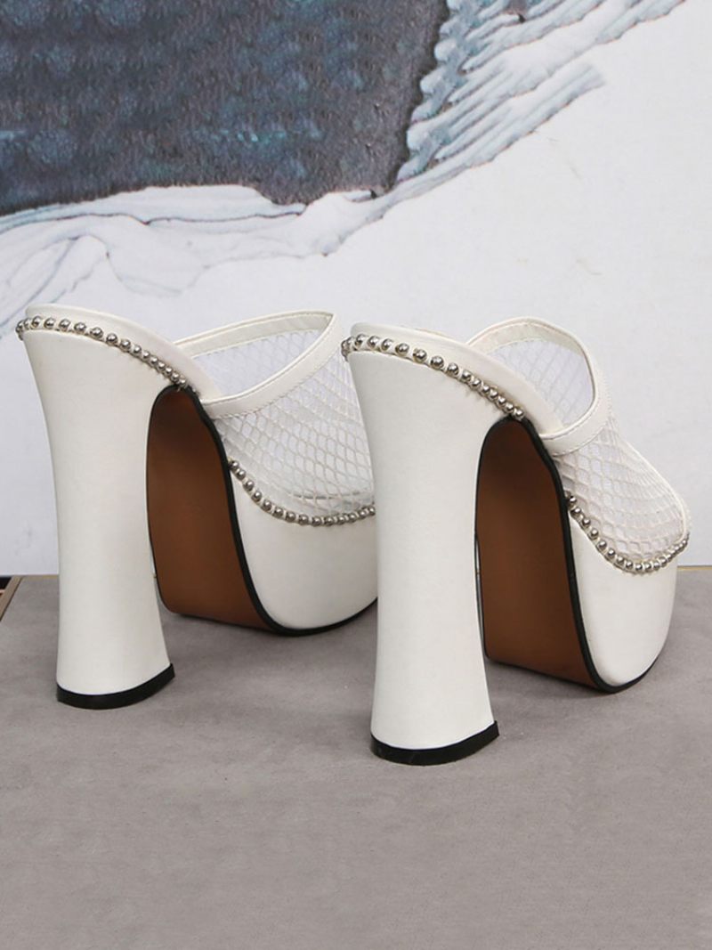 Mules À Talons Épais Et Plateforme Maille Cloutée Pour Femmes - Blanc