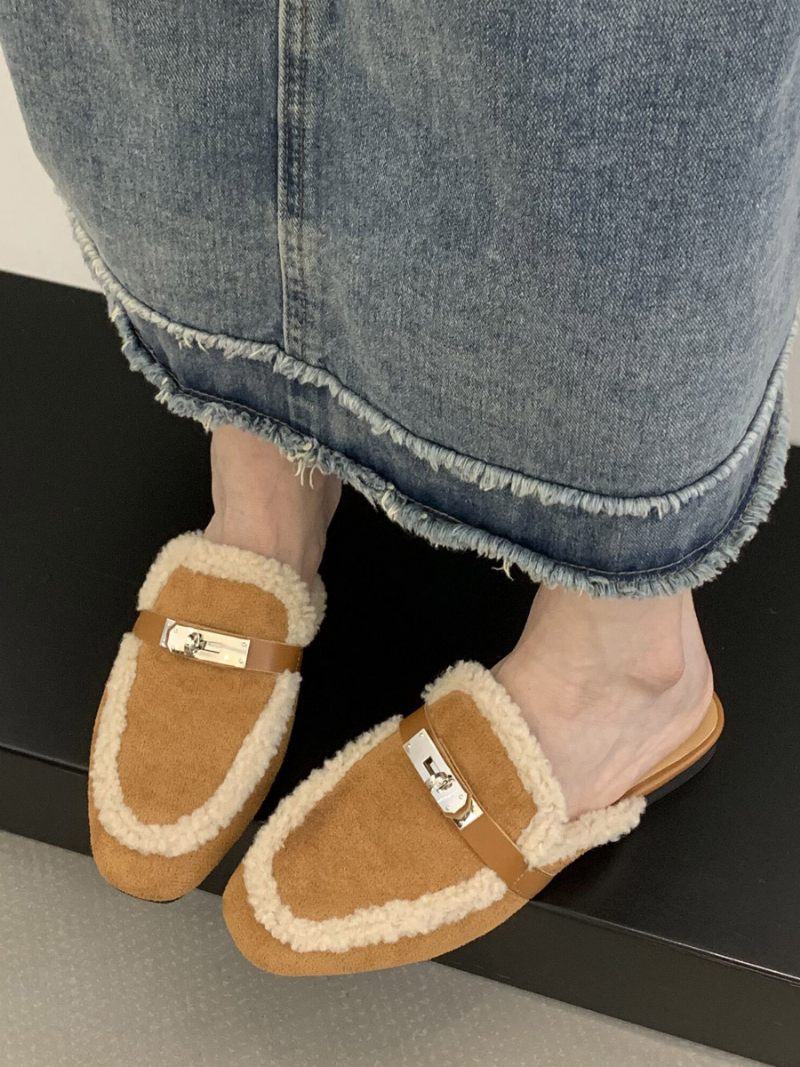 Mules À Talons Pour Femmes Avec Boucle Cuir Pu Bout Rond Et Plates