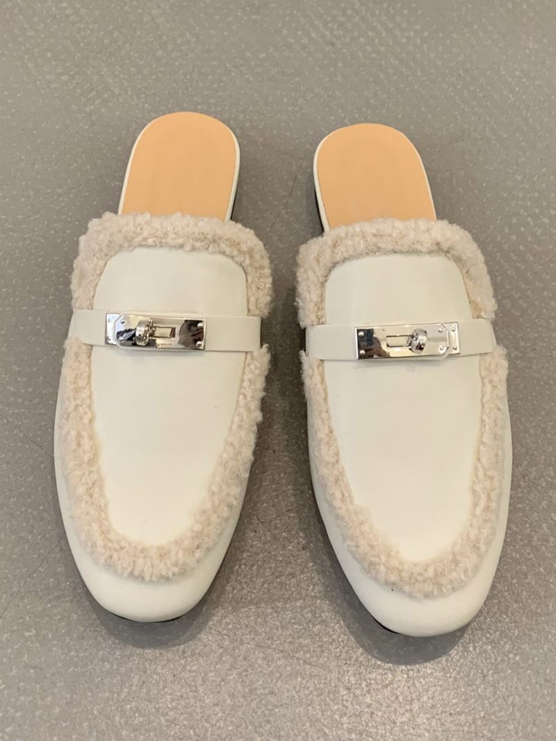 Mules À Talons Pour Femmes Avec Boucle Cuir Pu Bout Rond Et Plates - Jaune Clair