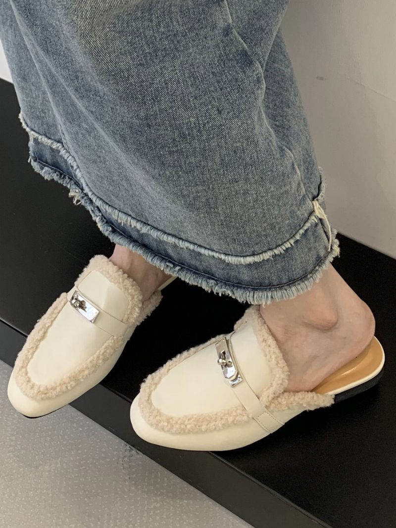 Mules À Talons Pour Femmes Avec Boucle Cuir Pu Bout Rond Et Plates - Jaune Clair