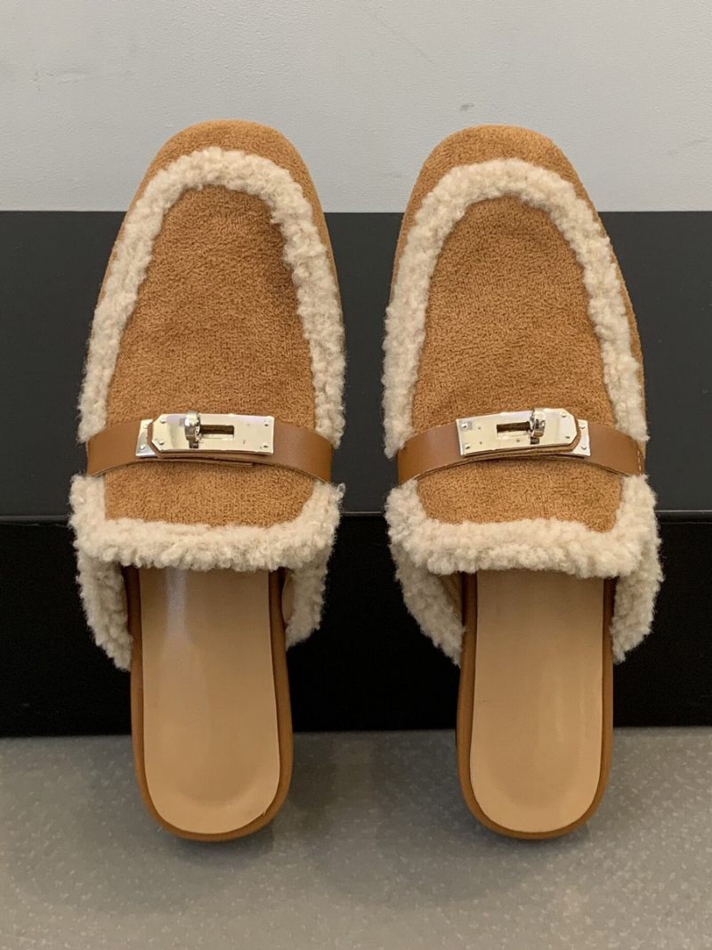 Mules À Talons Pour Femmes Avec Boucle Cuir Pu Bout Rond Et Plates - Marron Café