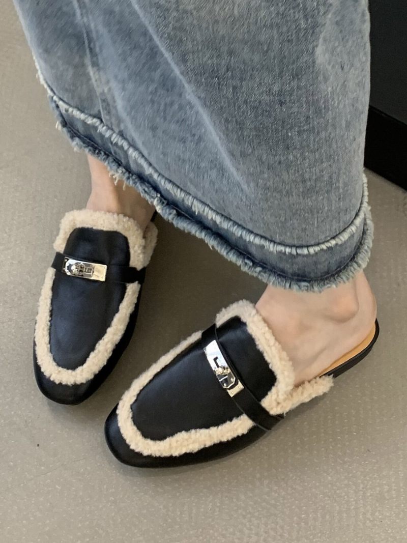 Mules À Talons Pour Femmes Avec Boucle Cuir Pu Bout Rond Et Plates - Noir