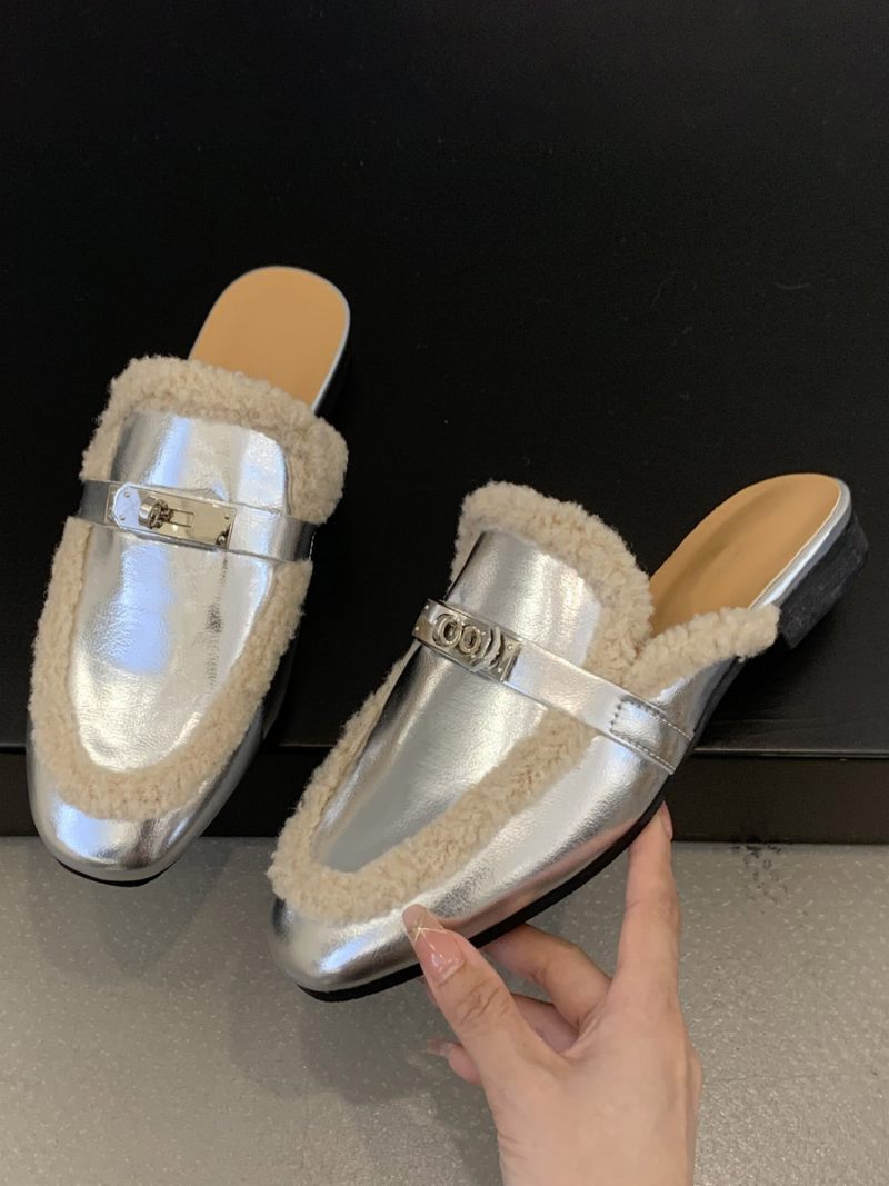 Mules À Talons Pour Femmes Avec Boucle Cuir Pu Bout Rond Et Plates - Argent