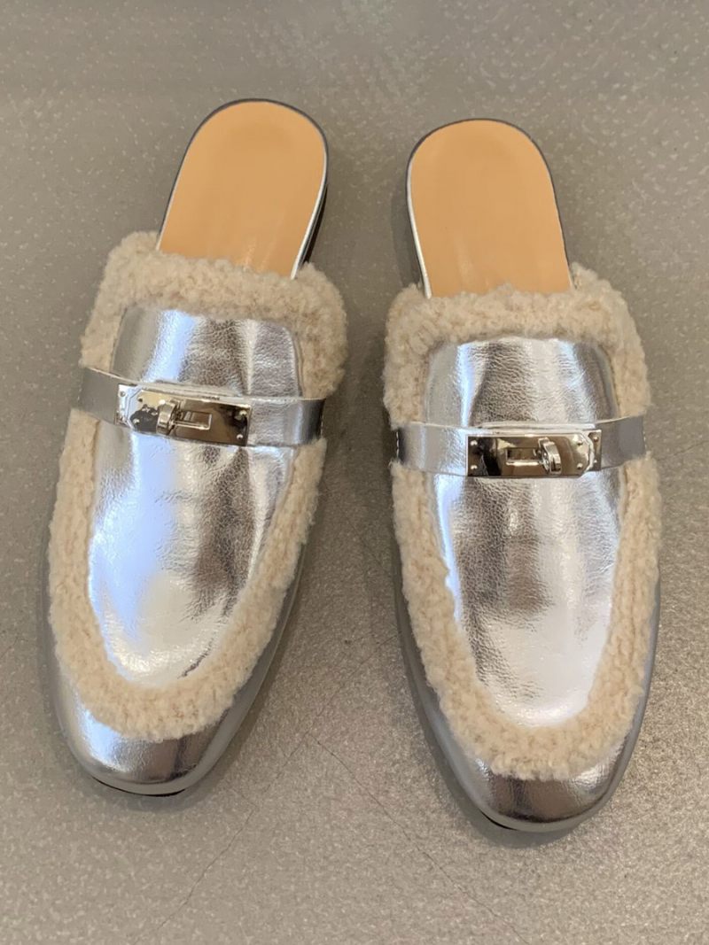 Mules À Talons Pour Femmes Avec Boucle Cuir Pu Bout Rond Et Plates - Argent