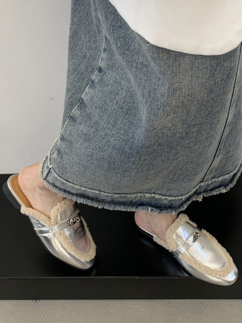 Mules À Talons Pour Femmes Avec Boucle Cuir Pu Bout Rond Et Plates - Argent
