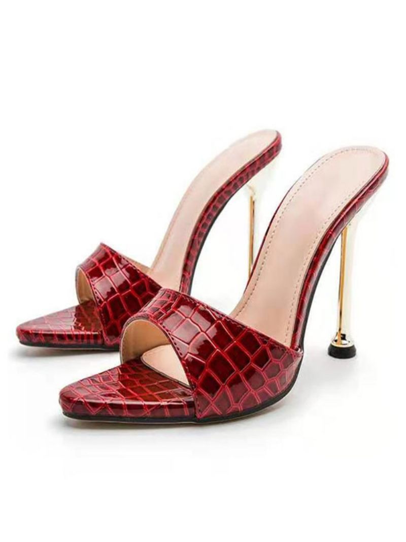 Mules À Talons Pour Femmes Bout Ouvert Marron Motif Imprimé Serpent Talon Aiguille Enfiler Cuir Pu - Bourgogne