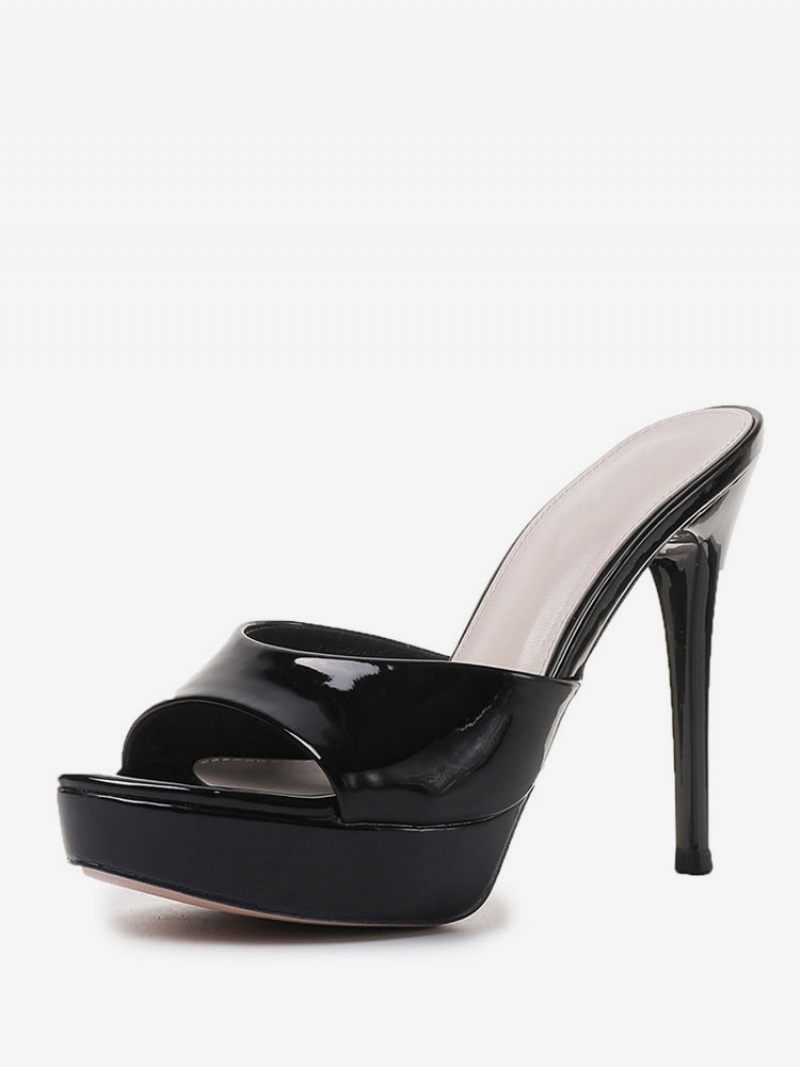 Pantoufles Pour Femmes Kaki Brevet Pu Peep Toe Talon Aiguille Slingbacks À Talons Sexy - Noir