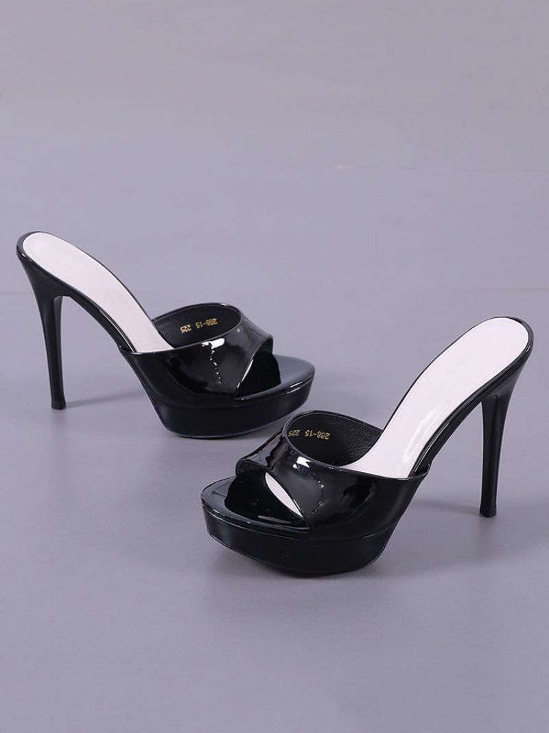 Pantoufles Pour Femmes Kaki Brevet Pu Peep Toe Talon Aiguille Slingbacks À Talons Sexy - Noir