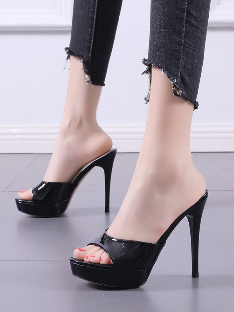 Pantoufles Pour Femmes Kaki Brevet Pu Peep Toe Talon Aiguille Slingbacks À Talons Sexy - Noir