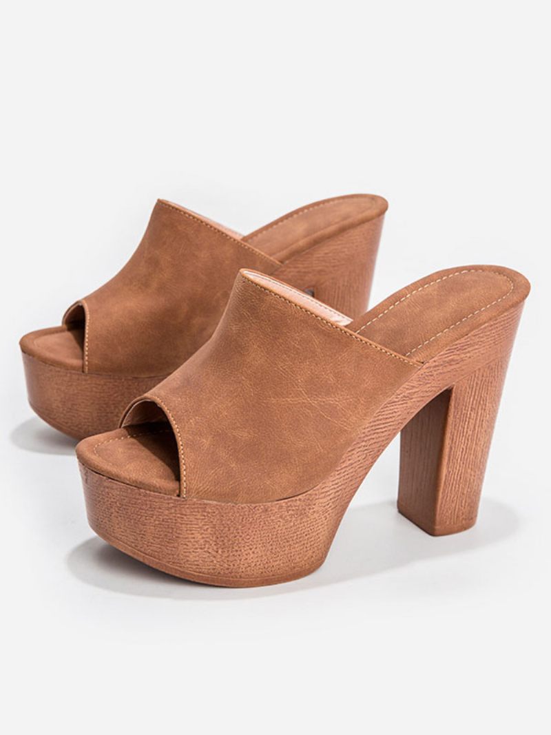 Sandales Pour Femmes Terry Slide Bout Ouvert Talon Épais À Talons Enfiler - Marron Café