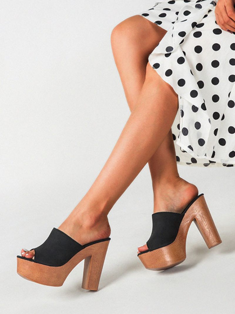 Sandales Pour Femmes Terry Slide Bout Ouvert Talon Épais À Talons Enfiler - Noir