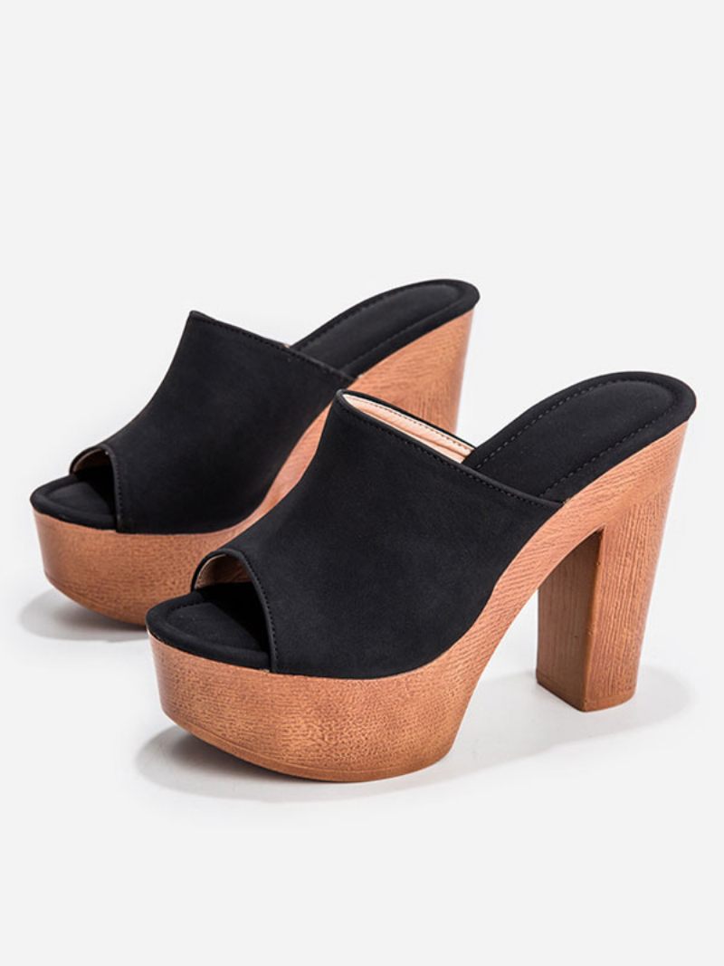 Sandales Pour Femmes Terry Slide Bout Ouvert Talon Épais À Talons Enfiler - Noir