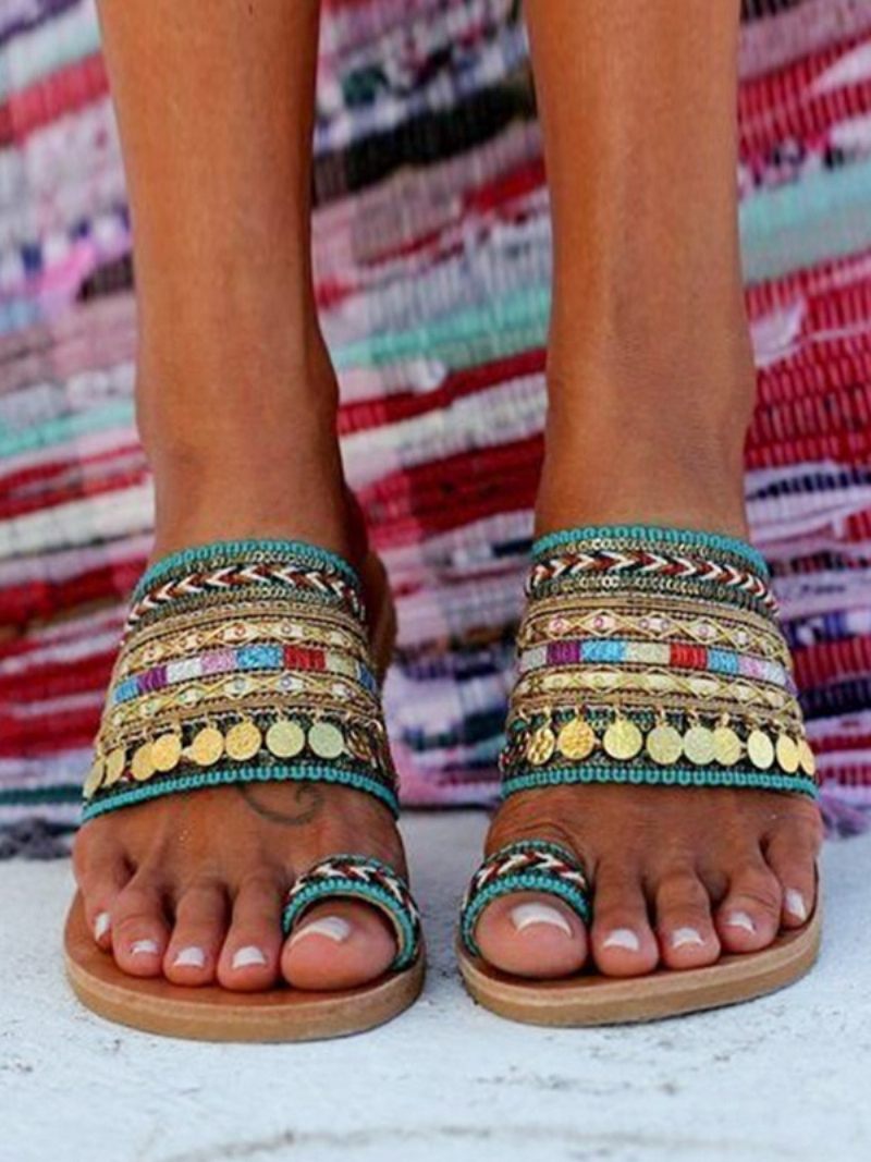 Sandales Plage Pour Femmes Boho Toe Loop Sandal Slides - Vert